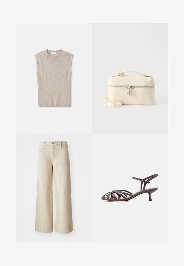 Lys beige ærmeløs top lavet af blødt materiale, med rund hals, rene linjer og en let løs pasform. Minimalistisk design.; Beige brede bukser lavet af denim med høj talje, knaplukning, bæltesløjfer og sidelommer. Glat tekstur og afslappet pasform.; Mørkebrun læder sandal med smalle remme, kitten heel og justerbar ankelrem med spænde på hvid baggrund.; Rektangulær cremefarvet lædertaske med dobbelt sølvlynlås, top-håndtag og justerbar skulderrem på ensfarvet hvid baggrund.