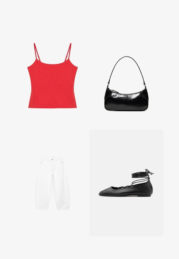 Haut court rouge sans manches avec bretelles spaghetti réglables, encolure droite et coupe ajustée.; Jean blanc à jambes larges avec boutons et fermeture éclair à l'avant, passants pour ceinture, poches latérales et avant, présenté sur un fond uni.; Chaussure de ballet plate en cuir noir avec un bout pointu, plusieurs fines brides sur le dessus et des lacets enroulés autour de la cheville.; Sac à épaule en cuir noir brillant avec un seul compartiment zippé et une fine bandoulière arquée.