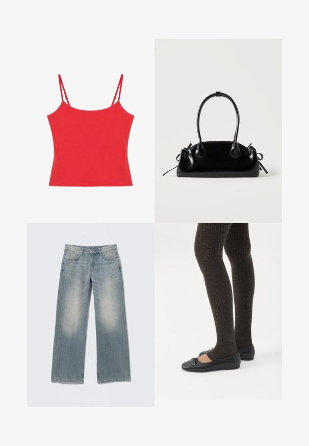 Haut court rouge sans manches avec bretelles spaghetti réglables, encolure droite et coupe ajustée.; Jean bleu clair à jambes larges avec une finition délavée, en denim. Comprend des passants pour ceinture, des poches avant et une braguette zippée avec fermeture par bouton.; Jambes portant des leggings côtelés foncés associés à des ballerines noires avec de petits détails en nœud sur fond blanc.; Petit sac à main noir brillant avec deux longues anses et des détails à cordon sur les côtés sur un fond clair uni.