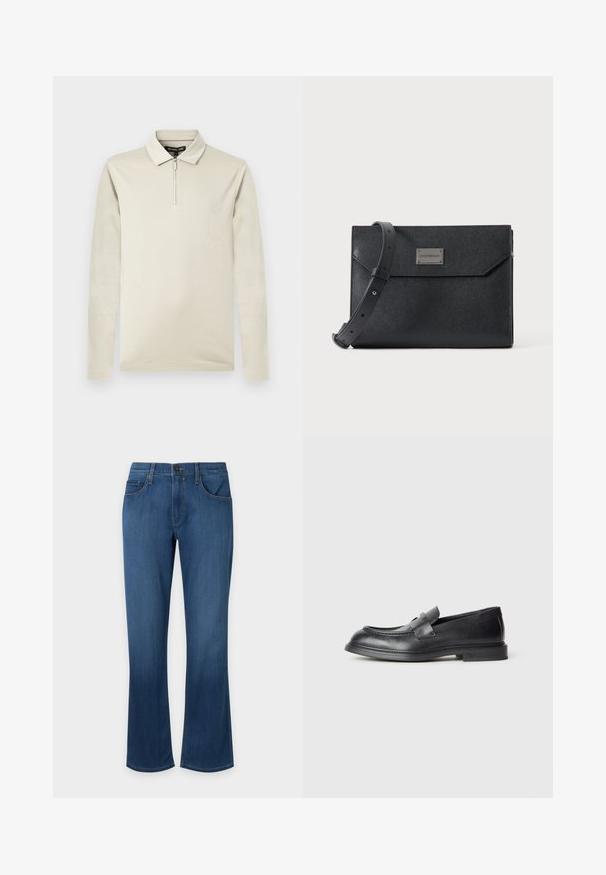 Polo à manches longues crème en tissu doux, dotée d'un col zippé et d'une texture lisse, avec une coupe ajustée et un design minimaliste.; Jean en denim bleu avec bouton et fermeture éclair à l'avant, style cinq poches, jambes légèrement évasées sur fond uni.; Mocassins en cuir noir avec une finition texturée, dotés d'une bride décorative à l'avant et d'un bout arrondi. Semelle en caoutchouc pour plus de durabilité.; Sac bandoulière en cuir noir texturé avec sangle réglable et plaque logo métallique à l'avant, fermeture à rabat rectangulaire de style enveloppe.