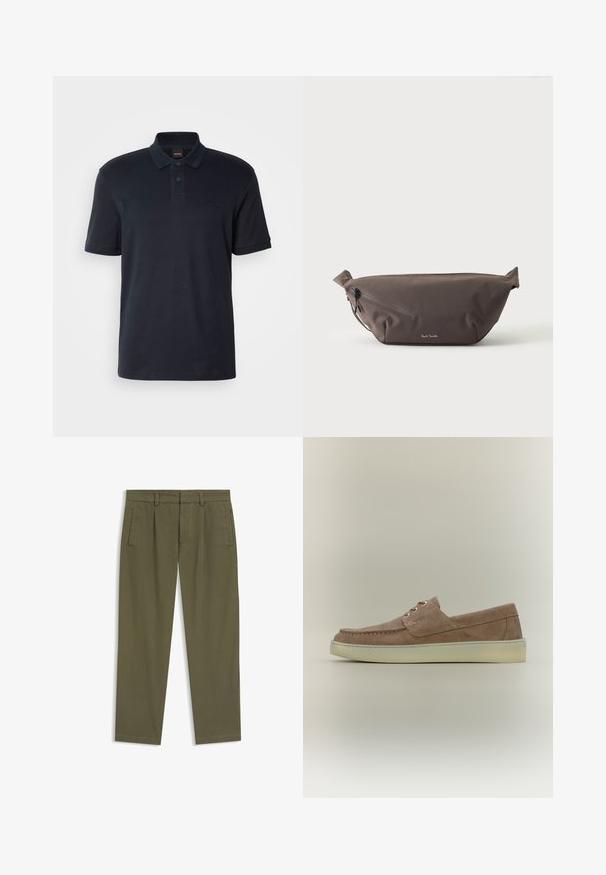 Polo shirt bleu marine en coton, avec un col classique, des manches courtes et un logo discret sur la poitrine. Texture lisse.; Pantalon slim vert olive pour homme avec passants de ceinture, poches latérales fendues et plis à l'avant, présenté à plat sur un fond blanc.; Chaussure à enfiler en daim marron avec un bout rond, une semelle en caoutchouc blanche contrastante, et un design minimaliste avec deux œillets décoratifs.; Sac banane en tissu marron foncé avec poche zippée en diagonale et petit logo blanc sur le devant, sur un fond clair uni.