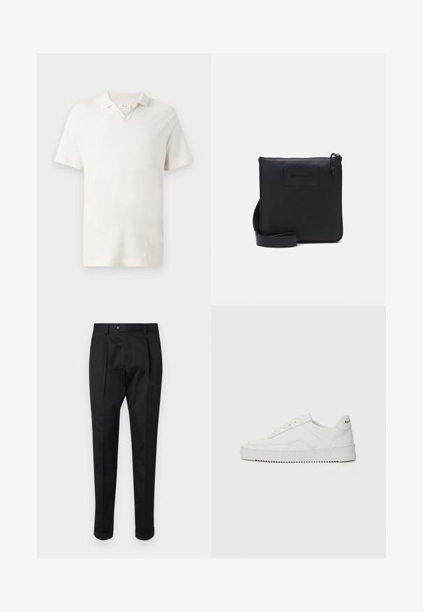 Korte mouwen polo-shirt in licht crème, met een V-hals, textuurstof en een klassieke pasvorm. Geen zichtbare patronen of accenten.; Zwarte broek gemaakt van een gladde stof, met een plooi aan de voorkant, een knopen sluiting en opgerolde manchetten bij de enkels.; Witte leren sneaker met een gladde afwerking, ronde neus, platte veters en een gestructureerde zool. Kenmerkt zich door een subtiel logo op de hiel.; Zwarte leren schoudertas met een gestructureerde afwerking, rechthoekige vorm, ritssluiting en verstelbare schouderband. Kenmerkt zich door een subtiele merklogo aan de voorkant.