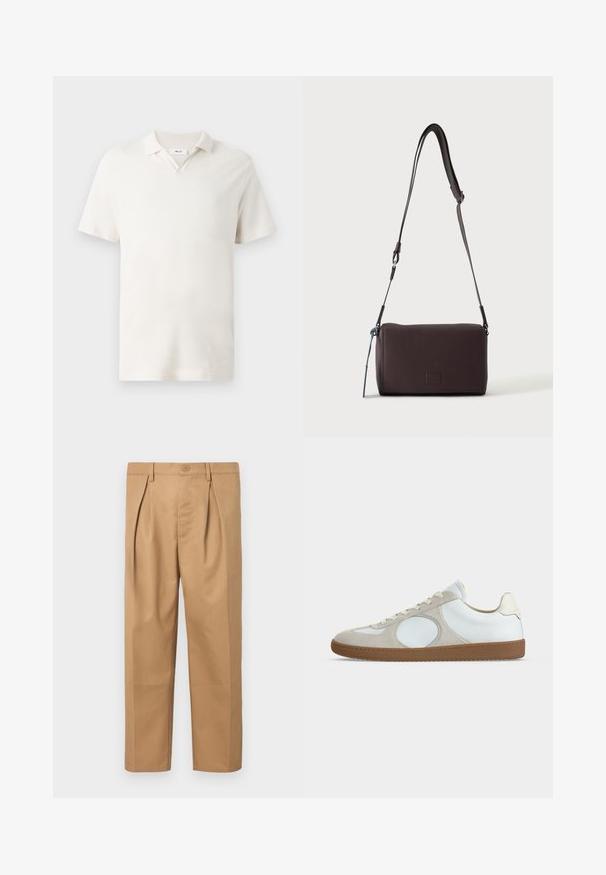 Korte mouwen polo-shirt in licht crème, met een V-hals, textuurstof en een klassieke pasvorm. Geen zichtbare patronen of accenten.; Lichtbruine katoenen broek met een relaxte pasvorm, geplooid ontwerp, tailleband met knoopsluiting en recht modellende pijpen. Glad textiel zonder patronen.; Low-profile casual sneaker met witte leren bovenkant, licht beige suède accenten, ronde neus, witte veters en rubberen zool.; Donkerbruine gestructureerde leren crossbodytas met verstelbare riem en klein decoratief blauw accent aan de zijkant.