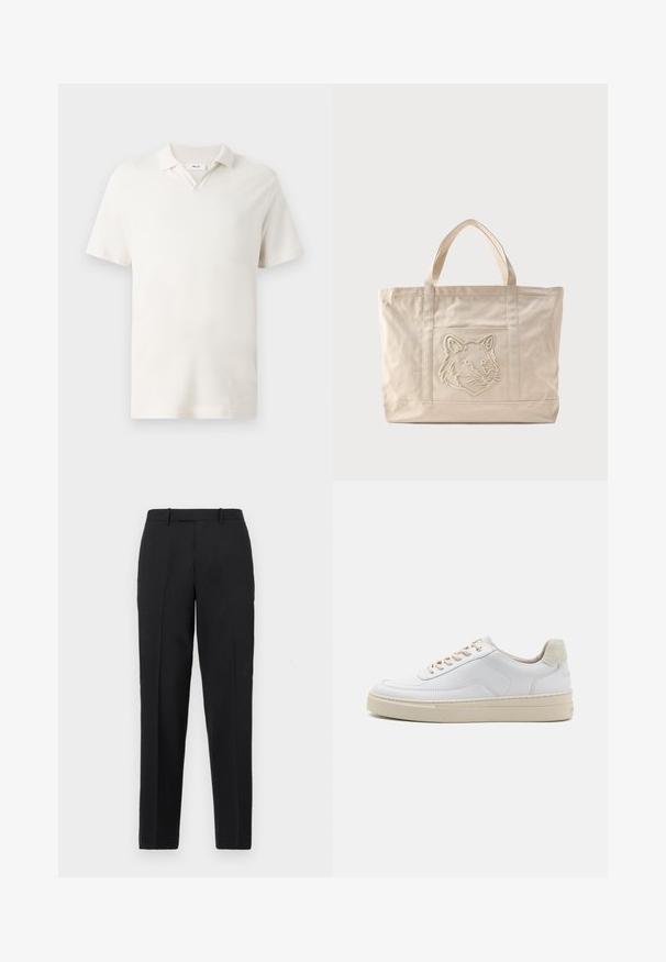 Korte mouwen polo-shirt in licht crème, met een V-hals, textuurstof en een klassieke pasvorm. Geen zichtbare patronen of accenten.; Theory STRAIGHT - Broek - deep black; Witte sneaker met een gevoerd leren bovenwerk, beige veters en een gestructureerde beige suede hieltab. Verhoogde zool voor extra hoogte.; Beige canvas tas met dubbele handvatten en een reliëf ontwerp van een wolfskop op het voorvak.