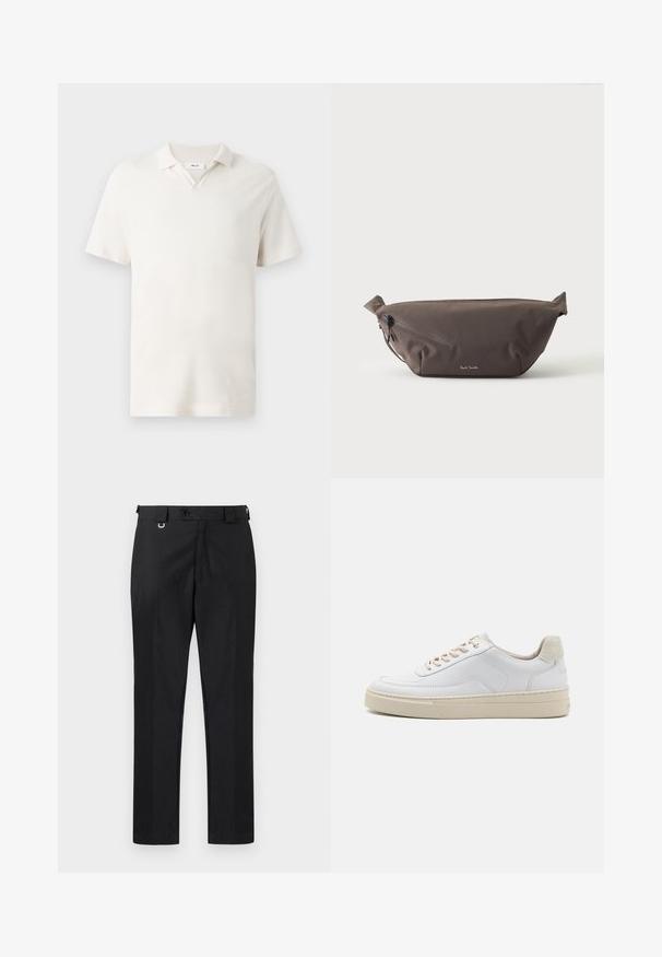 Polo à manches courtes en crème clair, avec un col en V, un tissu texturé et une coupe classique. Pas de motifs ou d'accents visibles.; Pantalons tailleur noirs avec une coupe droite, comprenant une fermeture à boutons et des passants de ceinture. Texture lisse avec un minimum de détails.; Sneaker blanche avec un dessus en cuir lisse, des lacets beige et un onglet de talon en daim beige texturé. Semelle surélevée pour une hauteur supplémentaire.; Sac banane en tissu marron foncé avec poche zippée en diagonale et petit logo blanc sur le devant, sur un fond clair uni.