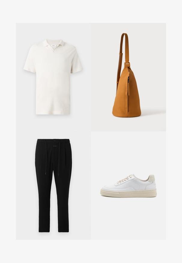 Kurzarmpolohemd in hellem Creme mit V-Ausschnitt, strukturiertem Stoff und klassischer Passform. Keine sichtbaren Muster oder Akzente.; CLOSED VIGO TAPERED - Chino - dark night; Weiße Sneaker mit einem glatten Lederobermaterial, beigen Schnürsenkeln und einer strukturierten, beigen Wildleder-Fersenschlaufe. Erhöhte Sohle für zusätzlichen Komfort.; Hellbraune Leder-Umhängetasche mit verstellbarem Trageriemen und vertikaler Reißverschlusstasche, von der Seite vor hellem, einfarbigem Hintergrund gezeigt.