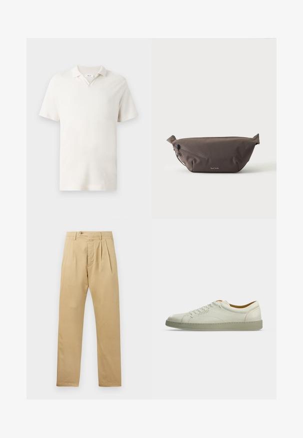 Kurzarmpolohemd in hellem Creme mit V-Ausschnitt, strukturiertem Stoff und klassischer Passform. Keine sichtbaren Muster oder Akzente.; CLOSED BERGEN TAPERED - Chino - beige; Weißer flacher Ledersneaker mit beiger Sohle, seitlicher Schnürung und minimalen Nähten, dargestellt auf einem schlichten hellgrauen Hintergrund.; Dunkelbraune Stoff-Gürteltasche mit diagonalem Reißverschlussfach und kleinem weißen Logo vorne, vor einem einfarbigen hellen Hintergrund.