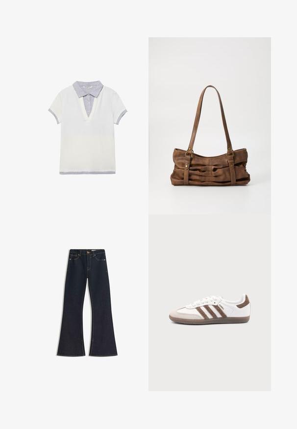 Polo blanc à manches courtes avec col, patte de boutonnage, poignets de manches et ourlet détaillés en gris clair, posé à plat sur un fond blanc.; Jean évasé en denim foncé avec une taille haute, des coutures contrastantes, une fermeture à bouton et quatre poches. Les jambes s'élargissent à l'ourlet.; Baskets Adidas Samba blanches avec des bandes en daim marron, semelle en caoutchouc marron et bout en daim beige, vues du côté extérieur sur un fond uni.; Even&Odd by Zalando Sac à main - brown