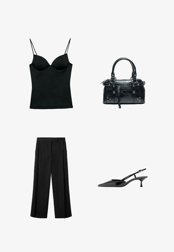 Musta istuva malli camisole, jossa on sisäänrakennetut toppatut kupit ja ohuet kaksinkertaiset spagettihihnat, suunniteltu sulavalinjaiselle siluetille.; Mustat leveälahkeiset housut, jotka on valmistettu sileästä kankaasta. Housuissa on suora etuosa, kaksi sivutaskua ja istuva vyötärönauha.; Musta kiiltonahkainen, kärjestä kapea slingback-korkokenkä, jossa ohut nilkkaremmi ja kultainen solki.; Musta nahkainen käsilaukku, jossa kaksi kahvaa, etutasku vetoketjulla, hopeiset niitit ja teksturoitu pinta valkoisella taustalla.