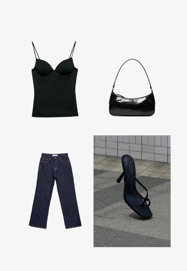 Musta istuva malli camisole, jossa on sisäänrakennetut toppatut kupit ja ohuet kaksinkertaiset spagettihihnat, suunniteltu sulavalinjaiselle siluetille.; Tummansiniset suoralahkeiset farkut, joissa on etutaskut, vyölenkit ja nappisuljenta vyötäröllä.; Musta, ohuilla remmeillä ja neliönmuotoisella kärjellä varustettu korkokengän sandaali, jonka merkkinä on "SIMMI London". Sandaali on sijoitettu ulkolaatoitetulle jalkakäytävälle lähellä laatoitettua seinää.; Musta kiiltävä nahkainen olkalaukku, jossa on yksi vetoketjullinen lokero ja ohut, kaarevanmuotoinen olkahihna.