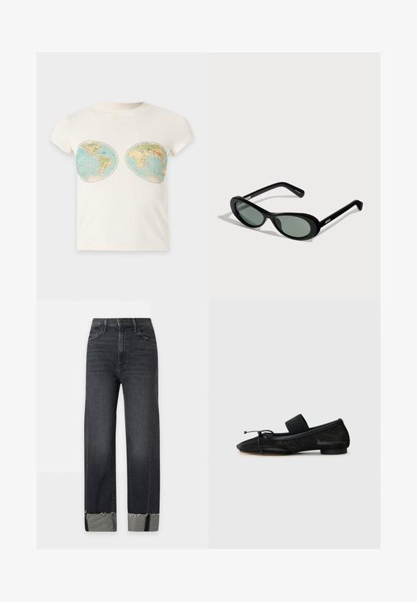 T-shirt blanc à manches courtes avec deux impressions de cartes du monde de style vintage placées sur la poitrine.; Jean noir taille haute à jambe droite avec ourlets roulés et légère décoloration sur les cuisses, présenté sur un fond clair uni.; Chaussure plate noire avec un bout pointu, fabriquée en tissu texturé, avec un accent à nœud et un petit talon rond. Sangle élastique au niveau de la cheville.; Lunettes de soleil ovales noires avec verres teintés et branches fines, présentées sur un fond clair avec le nom de la marque sur les branches.