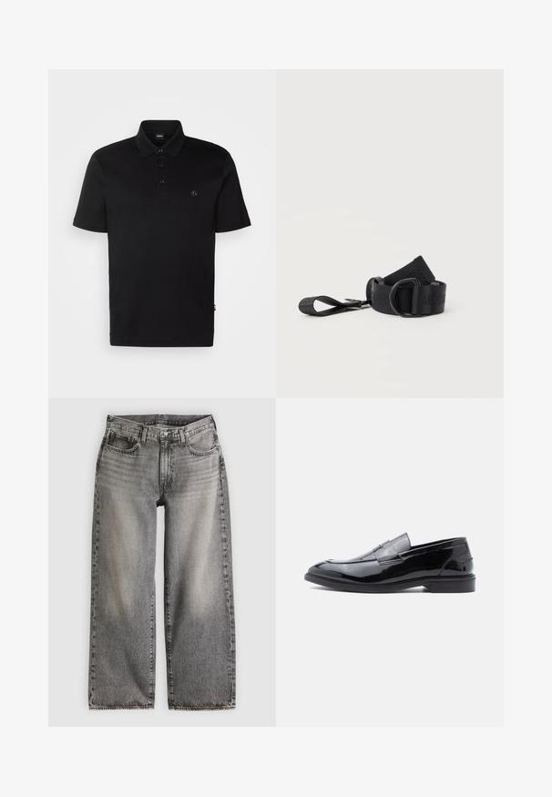 Sort polo-shirt lavet af bomuld, med en tre-knaps placket, korte ærmer og et lille logo på venstre bryst.; Vidbenede jeans i falmet sort denim, med høj talje, fem lommer og diskrete syningsdetaljer langs sømmene.; Sorte loafers i laklæder med en glat finish, rundet tå og dekorativ remdetalje, med lav profil og gummisål.; Sort justerbar rem med D-ringspænde og løkkeende, lavet af vævet stof, lagt sammenrullet på hvid baggrund.