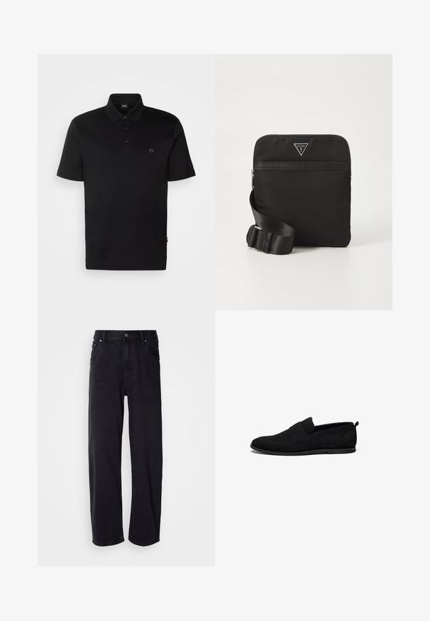 Sort polo-shirt lavet af bomuld, med en tre-knaps placket, korte ærmer og et lille logo på venstre bryst.; Sorte denimjeans med løs pasform, der har høj talje, fem lommer og metalknapper. Stoffet har en mat tekstur.; Sorte ruskind loafers med flad gummisål, der har et syet design og en forhøjet forreste panel for en sikker pasform.; Sort nylon crossover taske med justerbar rem, lynlås, frontlomme og logo i sølvfarvet tone. Flad rektangulær form, glat tekstur.