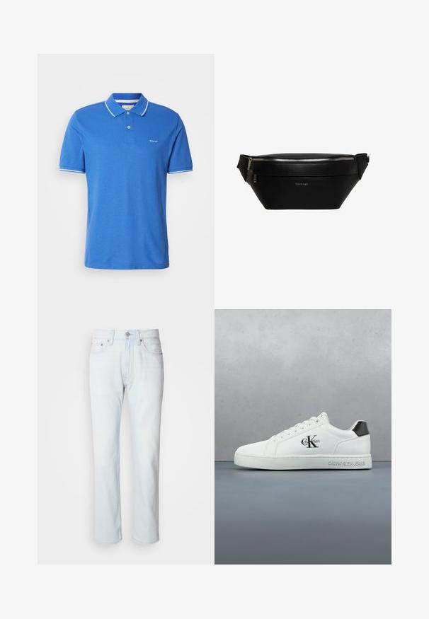 Blå polo t-shirt i bomuld med klassisk krave. Har hvid kant på ærmerne, logo på brystet og knaplukning.; Lyseblå denimjeans med lige ben. Har en knaplukning og bæltestropper, viser en falmet tekstur og minimal syning.; Hvid lædersneaker med glat finish, snørelukning, rundet tå og en kontrasterende sort hælbeklædning. Gummisål giver greb.; Sort læder Calvin Klein bæltetaske med sølv lynlås og justerbar rem, minimalistisk logo foran i midten.