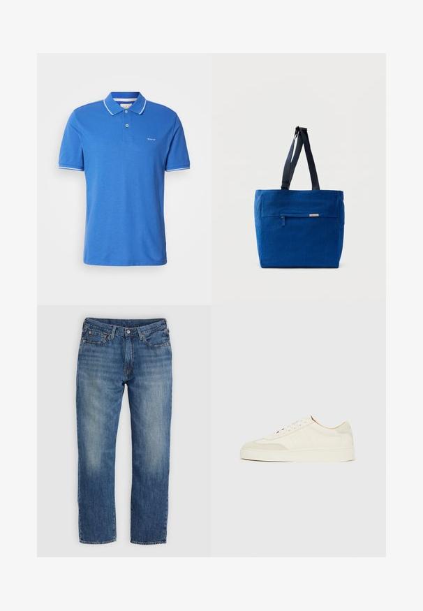 Blaues Poloshirt aus Baumwolle mit klassischem Kragen. Verfügt über weiße Akzente an den Ärmeln, ein Logo auf der Brust und eine Knopfleiste.; Blaue Denim-Jeans mit geradem Beinverlauf, ausgewaschenen Bereichen, Fünf-Taschen-Design und Metallbeschlägen. Klassischer, vielseitiger Look.; Weiße Wildleder-Sneaker mit glatter Oberfläche, rundem Zehenbereich, flachem Schnürdesign und kontrastierenden, strukturierten Akzenten. Mit einem dezenten Logodetail versehen.; Blaue Canvas-Einkaufstasche mit einer vorderen Reißverschlusstasche, doppelten Schulterriemen und rechteckiger Form. Verfügt über ein dezentes Markenlabel.
