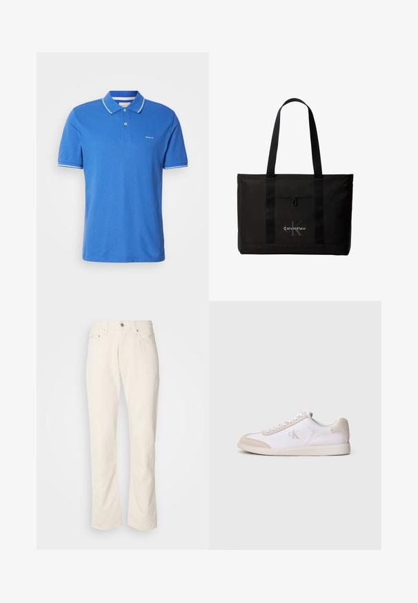 Blaues Poloshirt aus Baumwolle mit klassischem Kragen. Verfügt über weiße Akzente an den Ärmeln, ein Logo auf der Brust und eine Knopfleiste.; Beige Baumwolljeans mit klassischem geradem Bein, ausgestattet mit einem Frontknopfverschluss, fünf Taschen und dezenten Nähdetails.; Weißer und beiger Sneaker mit niedriger Schnittform, Schnürverschluss, Wildlederakzenten und „cK“-Logo an der Seite, im Profil vor einfarbigem Hintergrund gezeigt.; Schwarze Calvin Klein Tote-Tasche mit zwei langen Griffen und Fronttasche, mit dem Markenlogo in Weiß und Grau.