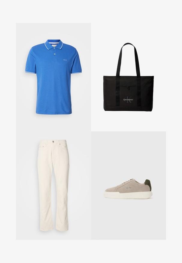 Blaues Poloshirt aus Baumwolle mit klassischem Kragen. Verfügt über weiße Akzente an den Ärmeln, ein Logo auf der Brust und eine Knopfleiste.; Beige Baumwolljeans mit klassischem geradem Bein, ausgestattet mit einem Frontknopfverschluss, fünf Taschen und dezenten Nähdetails.; Beige Wildledersneaker mit einer weißen Gummisohle, die einen dunkelgrünen Akzent an der Ferse und dezente Markenaufschrift an der Seite aufweisen.; Schwarze Calvin Klein Tote-Tasche mit zwei langen Griffen und Fronttasche, mit dem Markenlogo in Weiß und Grau.