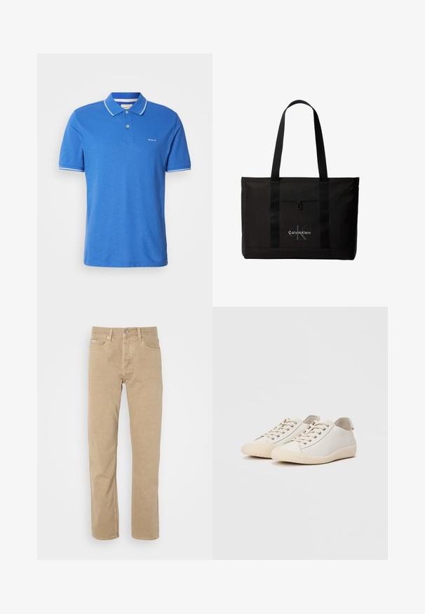 Polo azul hecho de algodón con un cuello clásico. Presenta un ribete blanco en las mangas, un logo en el pecho y una tapeta de botones.; Pantalones de algodón beige con un diseño de pierna recta, que cuentan con bolsillos frontales, cierre de botón y detalles de costura sutiles a lo largo de las costuras.; Zapatillas blancas de cuero liso con costuras al tono, cierre de cordones, puntera redondeada y suela de goma texturizada.; Bolso tote negro de Calvin Klein con dos asas largas y bolsillo delantero, con el logo de la marca en blanco y gris.