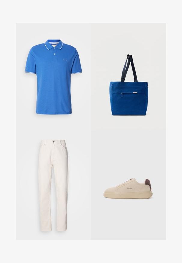 Polo azul hecho de algodón con un cuello clásico. Presenta un ribete blanco en las mangas, un logo en el pecho y una tapeta de botones.; Jeans de denim blanco de pierna recta con cierre de botón y cremallera, lazos para cinturón y bolsillos delanteros y traseros, mostrados sobre un fondo liso.; Zapatilla de ante beige con punta redondeada, cordones en la parte frontal y un acento de ante marrón en el talón. Cuenta con una suela de goma texturizada.; Bolsa de lona azul con un bolsillo frontal con cremallera, correas dobles para el hombro y forma rectangular. Cuenta con una etiqueta de marca sutil.
