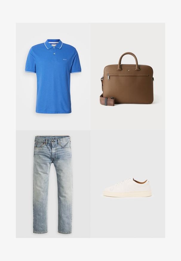 Blaues Poloshirt aus Baumwolle mit klassischem Kragen. Verfügt über weiße Akzente an den Ärmeln, ein Logo auf der Brust und eine Knopfleiste.; Hellblaue gerade geschnittene Jeans mit Knopfverschluss, Fronttaschen und Gürtelschlaufen, flach auf weißem Hintergrund präsentiert.; Weißer Sneaker mit niedrigem Schaft und Schnürdesign, minimalen Nähten und einer cremefarbenen Sohle auf hellgrauem Hintergrund.; Braune Leder-Aktentasche mit oberen Griffen, vorderer Reißverschlusstasche und abnehmbarem, passendem Schulterriemen auf weißem Hintergrund.