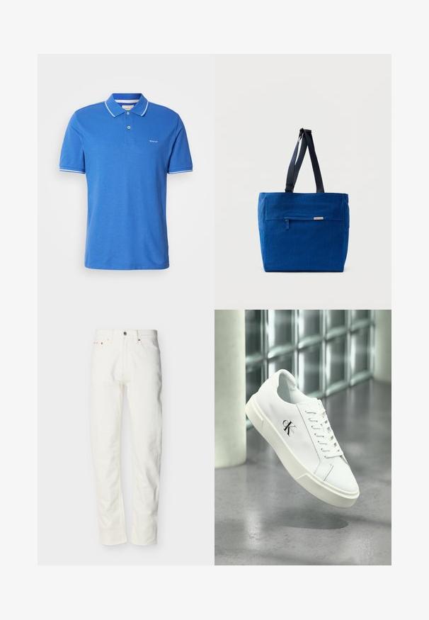 Blaues Poloshirt aus Baumwolle mit klassischem Kragen. Verfügt über weiße Akzente an den Ärmeln, ein Logo auf der Brust und eine Knopfleiste.; Herren-Jeans aus weißem Denim mit geradem Bein, vorderer Knopfleiste und Reißverschluss, Gürtelschlaufen und Fünf-Taschen-Design.; Weißer Calvin Klein Sneaker mit Schnürsenkeln, schwebend über einem polierten Betonboden und einer Glasbausteinwand im Hintergrund dargestellt.; Blaue Canvas-Einkaufstasche mit einer vorderen Reißverschlusstasche, doppelten Schulterriemen und rechteckiger Form. Verfügt über ein dezentes Markenlabel.
