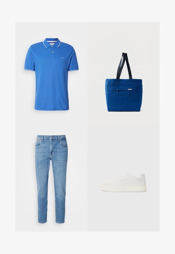Blå polo t-shirt i bomuld med klassisk krave. Har hvid kant på ærmerne, logo på brystet og knaplukning.; Lys blå denim jeans med lige snit, fem-lomme design og subtilt slid. Har knaplukning og bæltestropper.; Hvid sneaker med glat syntetisk overdel, rund tå og flad hvid sål. Har tonale syninger og minimal branding på siden.; Blå lærredstaske med lynlåslomme foran, dobbelte skulderremme og rektangulær form. Har en diskret mærkeetiket.
