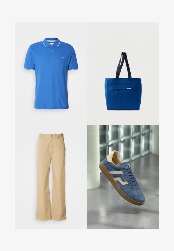 Blauwe polo gemaakt van katoen met een klassieke kraag. Heeft witte randen op de mouwen, een logo op de borst en een knoopsluiting.; Beige, wijde broek gemaakt van een katoenmix. Voorzien van een knoopsluiting en riemlussen. Soepele textuur, met minimale stikseldetails.; Blauwe suède sneaker met beige strepen, bruine zool en veters, zwevend binnen op een gepolijste betonnen vloer nabij glazen blokken.; Blauwe canvas boodschappentas met een voorvak met rits, dubbele schouderbanden en een rechthoekige vorm. Heeft een subtiel merklabel.