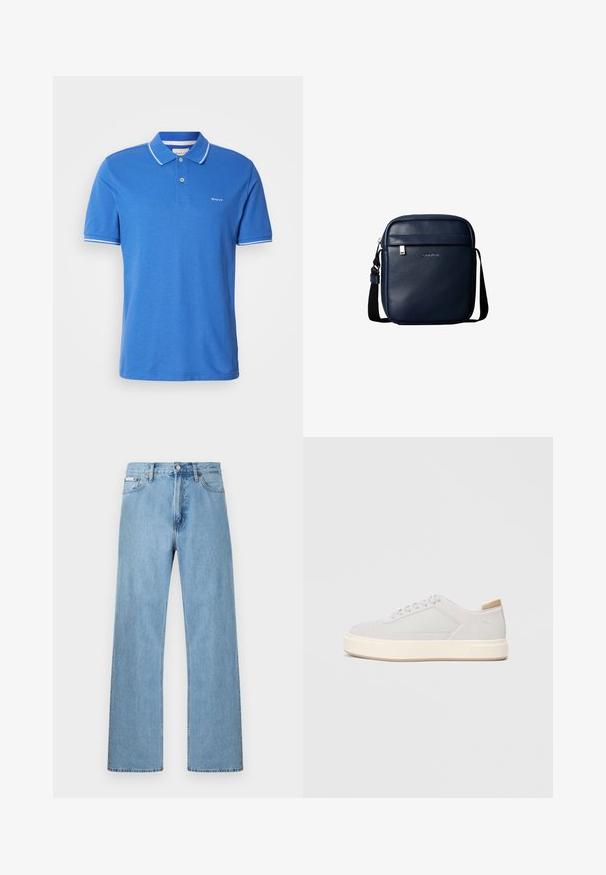 Blaues Poloshirt aus Baumwolle mit klassischem Kragen. Verfügt über weiße Akzente an den Ärmeln, ein Logo auf der Brust und eine Knopfleiste.; Hellblaue gerade geschnittene Jeans im Five-Pocket-Design mit Knopfverschluss an der Taille, präsentiert vor einem schlichten Hintergrund.; Hellgraue Sneaker mit einer glatten Synthetik-Oberfläche, runder Spitze und einer strukturierten cremefarbenen Zwischensohle. Helle tanfarbene Akzente an der Ferse.; Dunkelblaue Leder-Crossbody-Tasche mit vorderer Reißverschlusstasche und schwarzem verstellbarem Schultergurt.