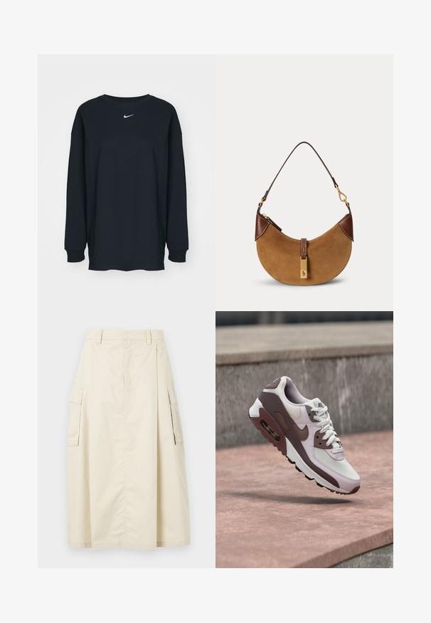 Sort langærmet T-shirt lavet af bomuld med rund hals. Har et hvidt Nike-logo på brystet. Blød tekstur, enkelt design.; Beige, knælængde nederdel lavet af bomuld. Har to sidelommer og en frontfold, med en elastisk talje og skjult lynlås.; Hvid og mauve Nike Air Max-sneaker, der svæver over en stensurface med en grå stenvæg i baggrunden.; Brun ruskind halv-måne taske med mørkebrune læderdetaljer, guldfarvet hardware og kort skulderrem.