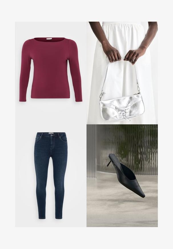 Langærmet top i burgunderrød, lavet af blødt, strækbart stof. Har en rund halsudskæring og en tætsiddende silhuet, med en glat, ensartet tekstur.; ONLY Carmakoma Skinny fit CARWILLY - Jeans Skinny Fit - dark blue denim; Sort mule sko med spids tå og tynd høj hæl, der svæver over en glat beton gulv med en sløret baggrund med lodrette striber.; Sølvmetallic håndtaske med snøredetaljer, der har et slankt design og en kort strop. Tasken holdes i hænderne for at fremvise dens tekstur.