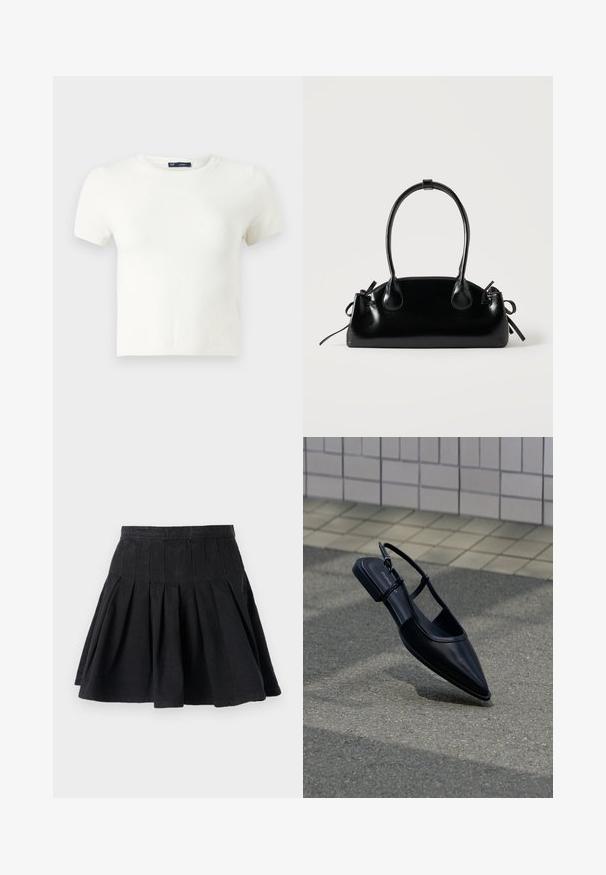 Camiseta blanca de manga corta fabricada con un material suave. Presenta un clásico diseño de cuello redondo y un ajuste slim, sin patrones ni acentos visibles.; Falda negra plisada hecha de tejido de algodón. Presenta una cintura ajustada y un dobladillo acampanado. Diseño sencillo sin patrones visibles ni adornos.; Zapato plano negro de punta puntiaguda con tiras traseras flotando sobre una superficie de asfalto junto a una acera con baldosas.; Pequeño bolso negro brillante con dos asas largas y detalles de cordón lateral sobre un fondo claro liso.