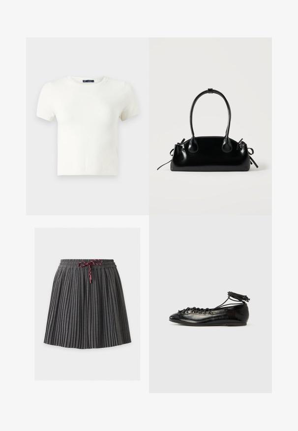 Camiseta blanca de manga corta fabricada con un material suave. Presenta un clásico diseño de cuello redondo y un ajuste slim, sin patrones ni acentos visibles.; Falda plisada gris oscuro con cintura elástica y cordón granate atado en el centro delantero.; Zapatos planos tipo ballet de charol negro con punta redondeada, diseño con cordones y suela plana. Textura lisa con detalles mínimos.; Pequeño bolso negro brillante con dos asas largas y detalles de cordón lateral sobre un fondo claro liso.