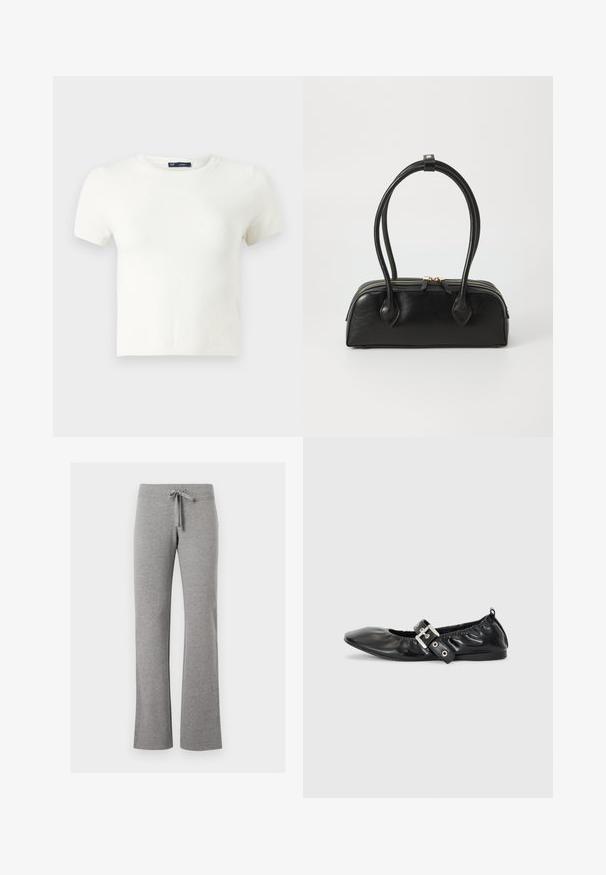 Witte korte mouwen t-shirt gemaakt van een zachte stof. Heeft een klassiek ronde hals ontwerp en een slanke pasvorm zonder zichtbare patronen of accenten.; Grijze sweatpants van een katoenmengsel met een wijdere pijp, een elastische tailleband en een verstelbaar trekkoord. Zachte textuur, gladde afwerking, zonder patronen.; Zwarte leren platte schoen met een spitse neus, geplooide details rond de opening en een zilveren gespaccentueerde verstelbare band.; Zwarte leren handtas met twee verlengde handvatten, ritsluiting en ronde vorm; gladde textuur met subtiele glanzende afwerking.