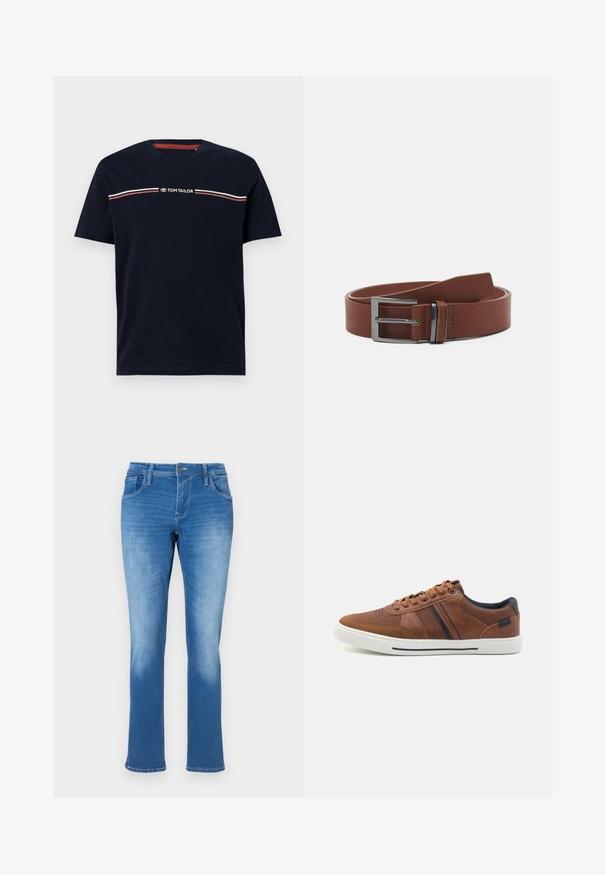 Marineblå bomulds-t-shirt med korte ærmer og rund halsudskæring, med en hvid og rød horisontal stribedetalje og "TOM TAILOR" logo.; Blå denim jeans med lige ben, der har fem lommer, lynlås og kontrastsyninger. Stoffet har en medium vask med falmning.; Brune lædersneakers med en glat overflade, hvid gummisål, sorte accenter og dekorativ syning med sidelæg.; Brun læderbælte med en glat overflade, der har en sølvmetalspænde og minimalistisk design. Bæltet har en rund ende og præcise syninger.