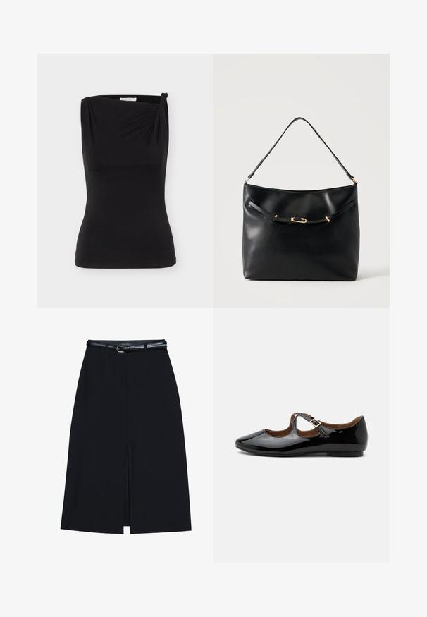Haut noir sans manches ajusté avec un décolleté asymétrique et un petit nœud sur une épaule.; Jupe noire à mi-cuisse avec une fente frontale, fabriquée en tissu lisse. Comprend une fine ceinture noire avec une boucle en argent et des passants.; Chaussure plate Mary Jane en cuir verni noir avec deux découpes et une bride à boucle dorée sur fond blanc.; Sac à épaule en cuir noir avec une bandoulière unique et un petit détail de boucle dorée à l'avant, sur un fond clair uni.