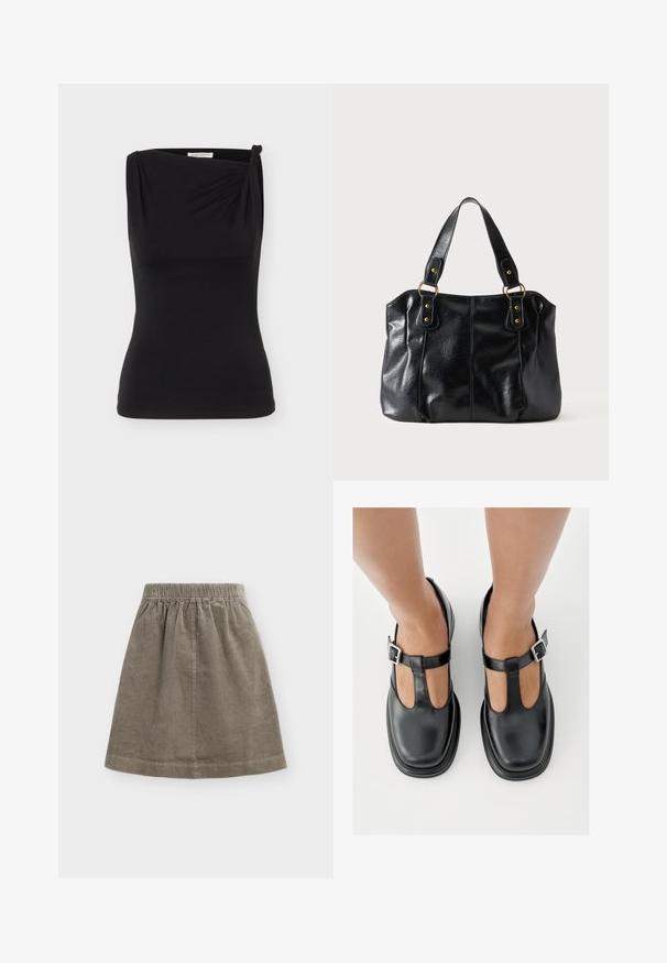 Haut noir sans manches ajusté avec un décolleté asymétrique et un petit nœud sur une épaule.; Jupe en velours côtelé taupe, longueur genou, avec une taille élastique et une subtile texture à côtes verticales, présentée à plat sur un fond uni clair.; Chaussures en cuir noir avec un design à bride en T, bout fermé et accents de boucles argentées. Texture lisse avec un bout arrondi et une semelle plate.; Sac à épaule en cuir noir avec double anses attachées par des anneaux et rivets dorés, surface lisse et légèrement brillante, design simple.