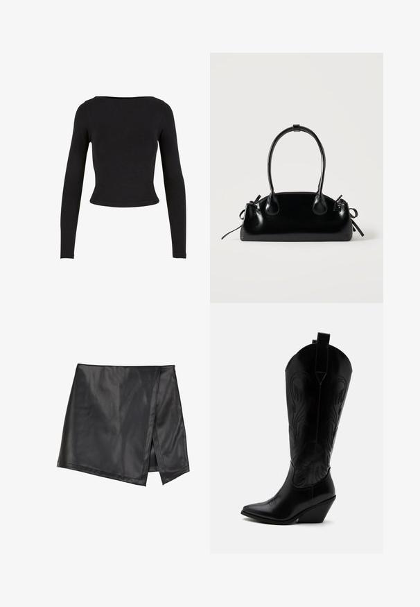 Top corto negro de manga larga hecho de una tela suave y elástica, con un diseño sencillo y ajustado y un escote amplio. Sin patrones ni adornos.; Even&Odd Minifalda - black; Bota de vaquero de cuero negro con punta puntiaguda, tacón bloqueado inclinado, costuras decorativas y lengüetas en la parte superior sobre fondo blanco.; Pequeño bolso negro brillante con dos asas largas y detalles de cordón lateral sobre un fondo claro liso.