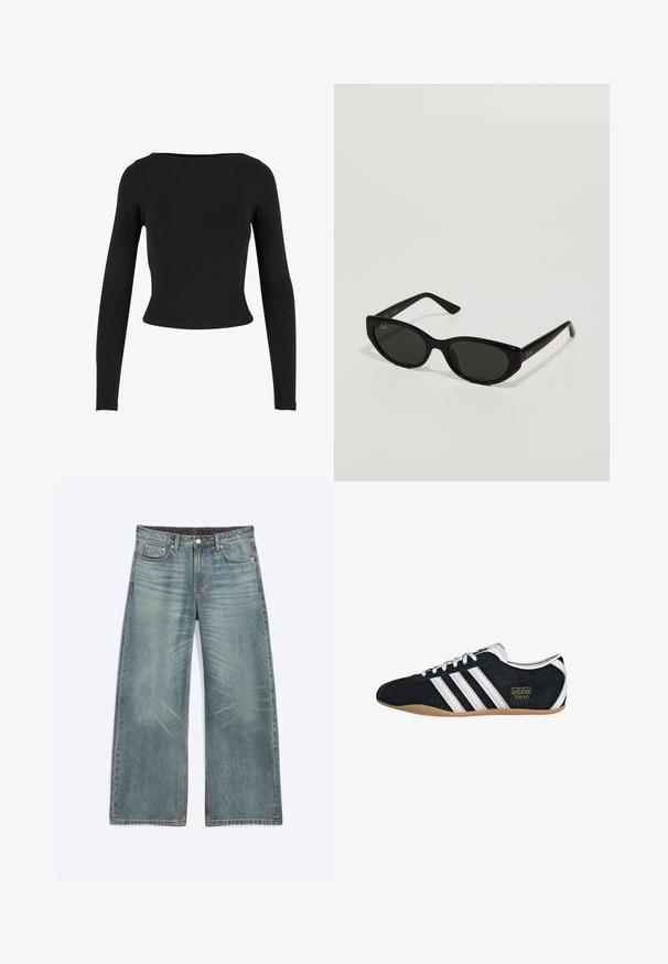 Sort, langærmet crop top lavet af blødt, strækbart stof med et enkelt, tætsiddende design og en bred halsudskæring. Ingen mønstre eller udsmykninger.; Blå vidde jeans med forlommer, bæltestropper, knaplukning og subtile falmede detaljer på lår og knæ.; Sort ruskinds sneaker med hvide tre striber, guldlogo og en brun gummisål. Har et lavprofil snørebåndsdesign.; Sorte solbriller med en smal, katteøjeform. Fremstillet af glat plast, med mørke linser og diskrete logo accenter på stængerne.