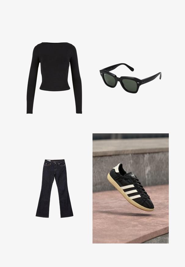 Sort, langærmet crop top lavet af blødt, strækbart stof med et enkelt, tætsiddende design og en bred halsudskæring. Ingen mønstre eller udsmykninger.; Mørkeblå bootcut denimjeans med frontlommer, knaplukning og synlige syninger.; Sort Adidas sneaker med hvide striber og beige sål, fanget i luften over en stenet overflade og baggrund af en stenmur.; Sorte firkantede solbriller med mørkegrønne linser, der har kraftige stel og sølvdetaljer på siderne. Fremstillet i Italien.
