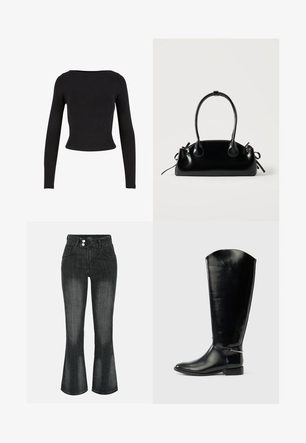 Sort, langærmet crop top lavet af blødt, strækbart stof med et enkelt, tætsiddende design og en bred halsudskæring. Ingen mønstre eller udsmykninger.; Sort vasket denim jeans med høj talje, dobbelt knaplukning, forlommer og let udvidede ben.; Høj sort læderstøvle med spids tå, lav hæl og sølvfarvet metaldetalje ved anklen på en ens hvid baggrund.; Lille sort blank håndtaske med to lange håndtag og snøre-detaljer i siden på en ensfarvet lys baggrund.