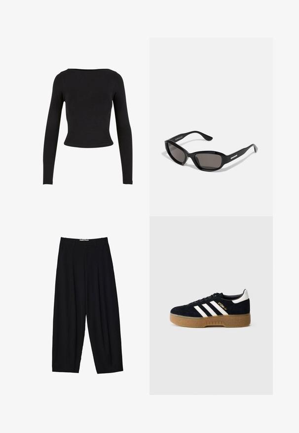 Sort, langærmet crop top lavet af blødt, strækbart stof med et enkelt, tætsiddende design og en bred halsudskæring. Ingen mønstre eller udsmykninger.; Sorte vide benbukser lavet af letvægtsstof, med frontfolder, en klassisk talje og sidelommer. Glat tekstur.; Sort ruskindssneaker med hvide tre striber og guldfarvet logo. Sål i gummi med tekstureret greb. Klassisk lavtop-design med rundet tå.; Sorte solbriller med rektangulært stel, mørke linser, glat plastmateriale og en metalaccent på templet.
