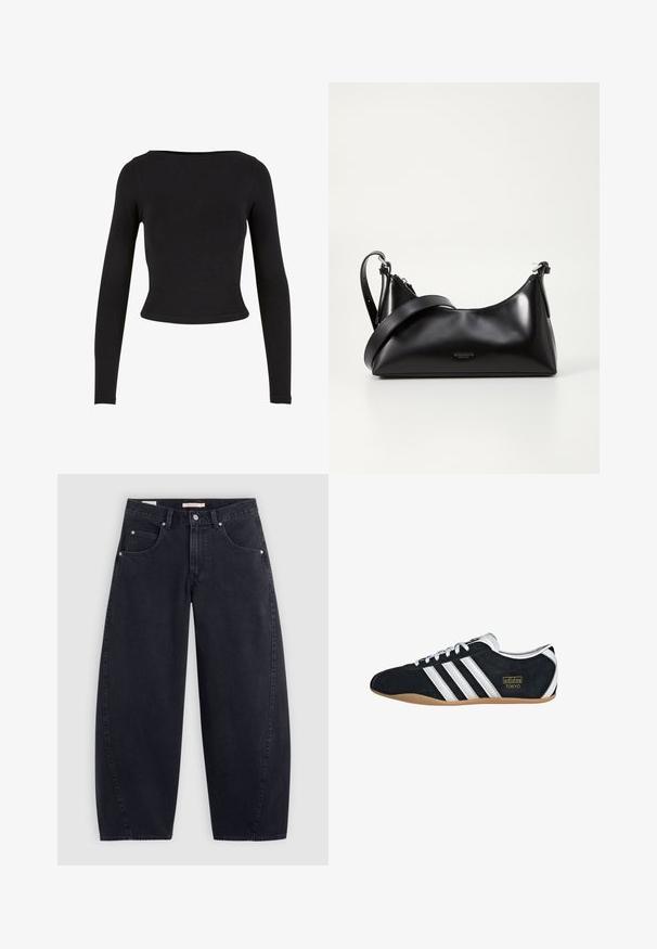 Top corto negro de manga larga hecho de una tela suave y elástica, con un diseño sencillo y ajustado y un escote amplio. Sin patrones ni adornos.; Jeans anchos de mezclilla negra con cintura alta, dos bolsillos delanteros y herrajes plateados. Textura suave, detalles de costura mínimos y corte recto.; Zapatillas de ante negro con tres franjas blancas, logotipo dorado y suela de goma marrón. Presentan un diseño de cordones de perfil bajo.; Bolso de mano de cuero negro con una textura suave. Cuenta con una correa ajustable y un diseño elegante y minimalista con cierre de cremallera.