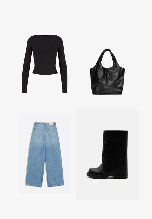 Sort, langærmet crop top lavet af blødt, strækbart stof med et enkelt, tætsiddende design og en bred halsudskæring. Ingen mønstre eller udsmykninger.; Lyseblå vidbenede jeans med to baglommer og et lille beige mærke på linningen.; Sort høj læderstøvle med bred, løs øvre skaft og en tyk, rundet sål på hvid baggrund.; Sort læder tote taske med en glat overflade, en blød, afrundet top og brede håndtag. Har minimal syning og en afslappet silhuet.
