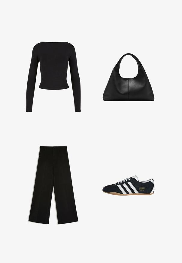 Sort, langærmet crop top lavet af blødt, strækbart stof med et enkelt, tætsiddende design og en bred halsudskæring. Ingen mønstre eller udsmykninger.; Sorte bukser med vidde ben, bæltestropper, knaplukning foran og lynlås, lagt fladt på hvid baggrund.; Sort ruskinds sneaker med hvide tre striber, guldlogo og en brun gummisål. Har et lavprofil snørebåndsdesign.; Sort textured læderhåndtaske med bred bund og tykke, afrundede håndtag, der har en central lodret søm og subtil syningsdetalje.