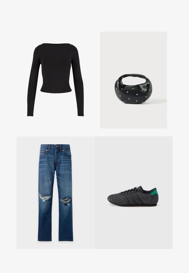 Sort, langærmet crop top lavet af blødt, strækbart stof med et enkelt, tætsiddende design og en bred halsudskæring. Ingen mønstre eller udsmykninger.; Blå denim jeans med slidte huller på begge knæ, frontlukning med knapper og design med fem lommer.; Sort lavprofil sneaker med subtilt blomsterprint, sorte snørebånd, grøn hælflap og guldlogo på tunge og hæl.; Sort læderhåndtaske med en rundet form, dekoreret med sølvnitter, og et kort håndtag. Glat tekstur og lynlåslukning.