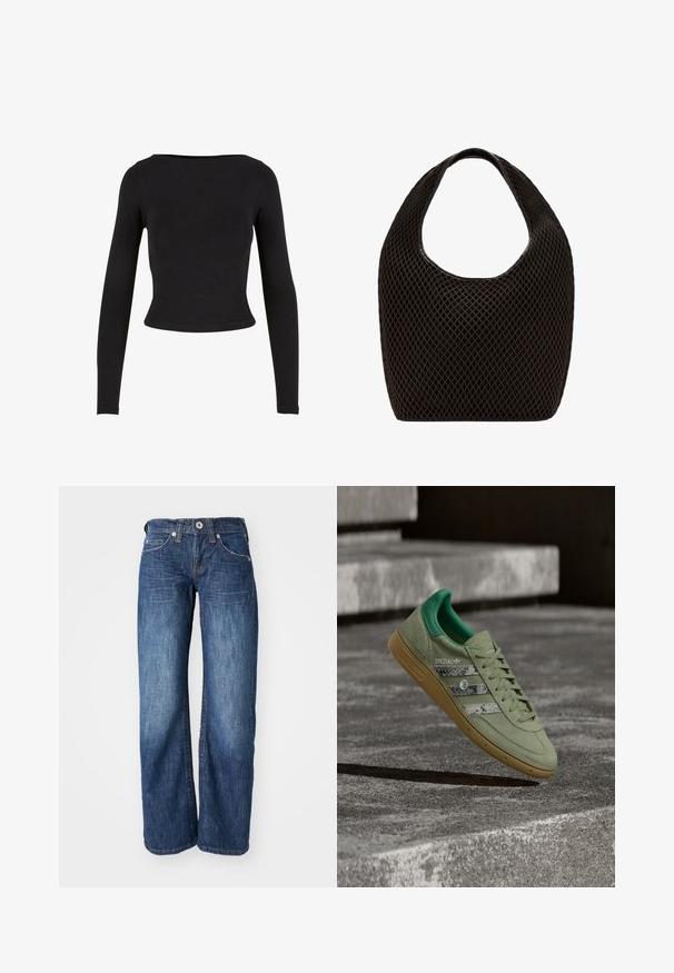 Top corto negro de manga larga hecho de una tela suave y elástica, con un diseño sencillo y ajustado y un escote amplio. Sin patrones ni adornos.; Jeans de mezclilla azul oscuro con un diseño de pierna recta, que cuentan con cinco bolsillos y un cierre frontal con botón. Ligera decoloración a lo largo de los muslos.; Zapatilla Adidas Spezial verde con rayas texturizadas y suela de goma, colocada sobre una superficie de cemento con escalones de piedra en el fondo.; Bolso tipo tote negro de malla de tejido abierto con asa superior redondeada y cuerpo ancho y curvado.