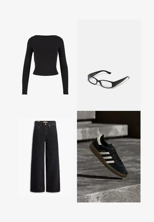 Sort, langærmet crop top lavet af blødt, strækbart stof med et enkelt, tætsiddende design og en bred halsudskæring. Ingen mønstre eller udsmykninger.; Sorte brede benjeans lavet af denim, med fem lommer, kobbernitter og en klassisk knaplukning. Glat tekstur med et rent design.; Sort Adidas-sneaker med hvide striber og gummisåler, svævende over grå betontrapper i naturligt lys.; Sorte rektangulære briller med klare linser. Blank finish, smalle stænger, og lilla nuance synlig i kanterne af linsen.