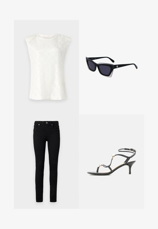 Top blanc sans manches avec une texture en sequins, un col rond et un design d'épaules légèrement exagéré. Tissu léger et doux.; Jean skinny noir en denim, avec une fermeture à bouton et zip sur le devant, cinq poches et une texture lisse.; Sandale noire à fines lanières et talon moyen, ornée de perles dorées et d'une bride de cheville avec boucle sur fond blanc.; Lunettes de soleil noires surdimensionnées avec une forme géométrique, dotées de verres foncés et d'un détail gris contrastant sur la monture. Logo sur la branche.