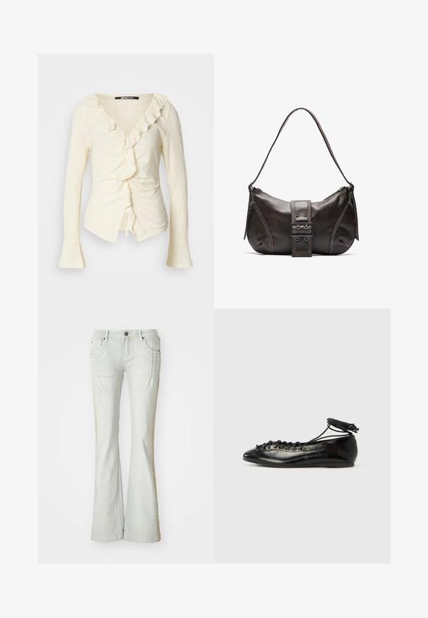 Blouse beige à manches longues avec décolleté en V, bord rufflé, côté froncé et manches évasées. Confectionnée en tissu léger et texturé.; Jeans évasés en denim gris clair avec poches latérales, présentant une bande beige texturée le long de la couture extérieure, fermeture à bouton et passants de ceinture.; Ballerines en cuir verni noir avec un bout rond, un design à lacets et une semelle plate. Texture lisse avec peu de détails.; Sac à épaule en cuir marron avec une forme courbée, présentant un détail de boucle proéminent, des coutures contrastantes et une seule bandoulière.