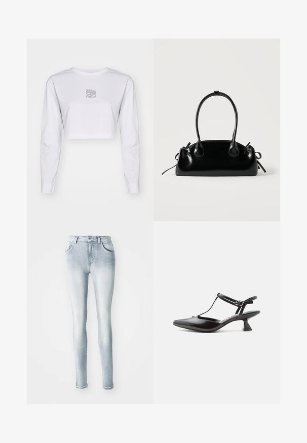 Hvid langærmet croppet T-shirt lavet af bomuld. Har et trykt logo i blå og gul på brystet. Enkel, ren design med tætsiddende ærmer.; Lysblå skinny jeans lavet af denim, med høj talje, fem lommer og let fading langs lårene. Slidt kantdetalje.; Sort patentlæder sko med lav hæl, spids tå, T-rem og justerbar spænde lukning på hvid baggrund.; Lille sort blank håndtaske med to lange håndtag og snøre-detaljer i siden på en ensfarvet lys baggrund.